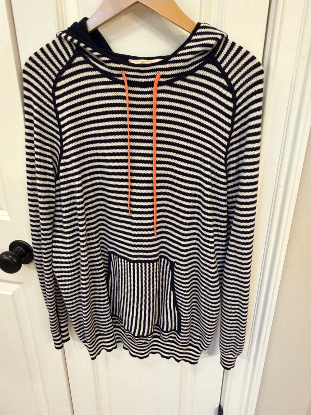 Tory Burch Striped Navy and white cotton cashmere Hoodie with Orange Drawstrings